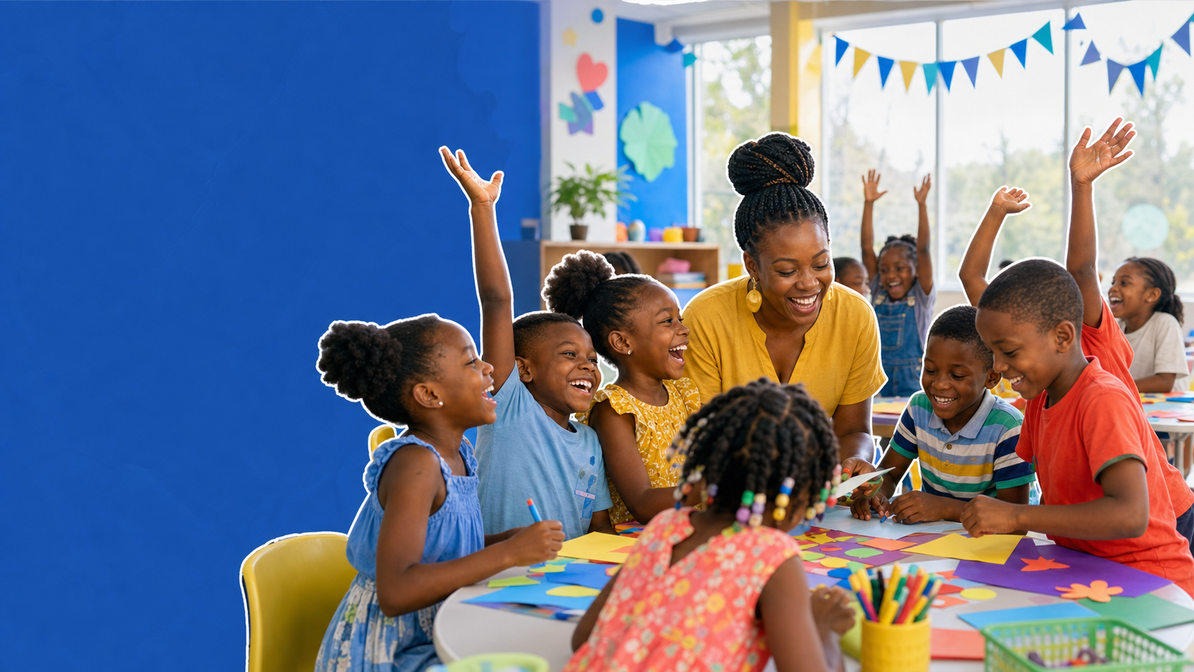 Children learning together in a colorful classroom.